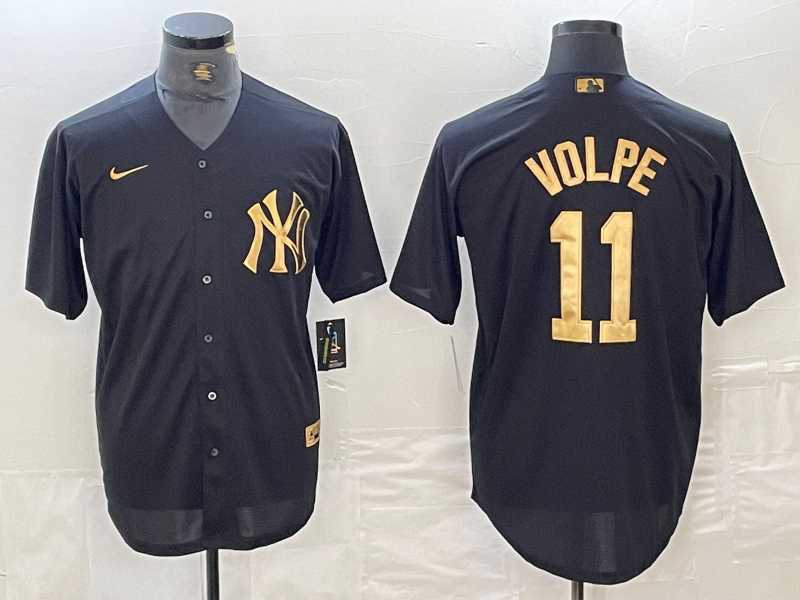 Mens New York Yankees #11 Anthony Volpe Black Gold Cool Base Stitched Jersey